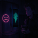 Futuristic smart fridge glowing with neon lights and recommending kale.