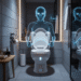 Futuristic toilet glowing ominously, projecting emotion analysis data