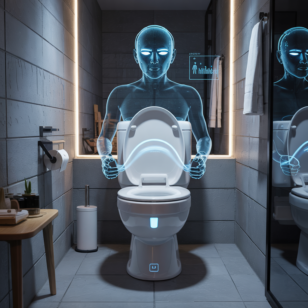 Futuristic toilet glowing ominously, projecting emotion analysis data